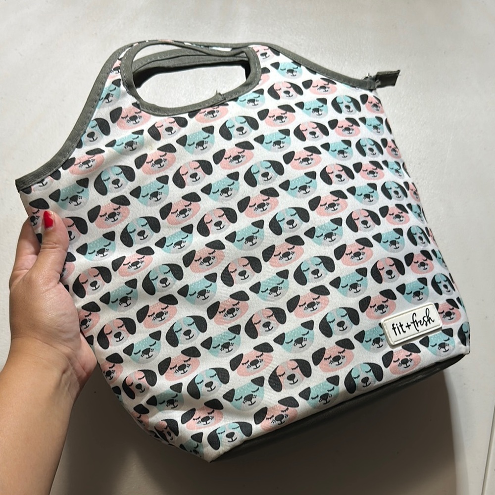 Fit & Fresh Dog Print Lunch Tote Bag - Pink Blue and Gray
